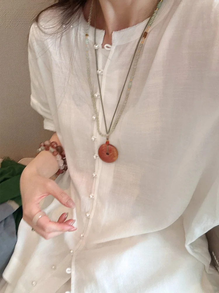 

Летняя новинка PKHHK: Свободная льняная рубашка с жемчужной отделкой, тонкая, белая, комфортная, для повседневной носки, с круглым вырезом, длинными рукавами, однотонная, на пуговицах.