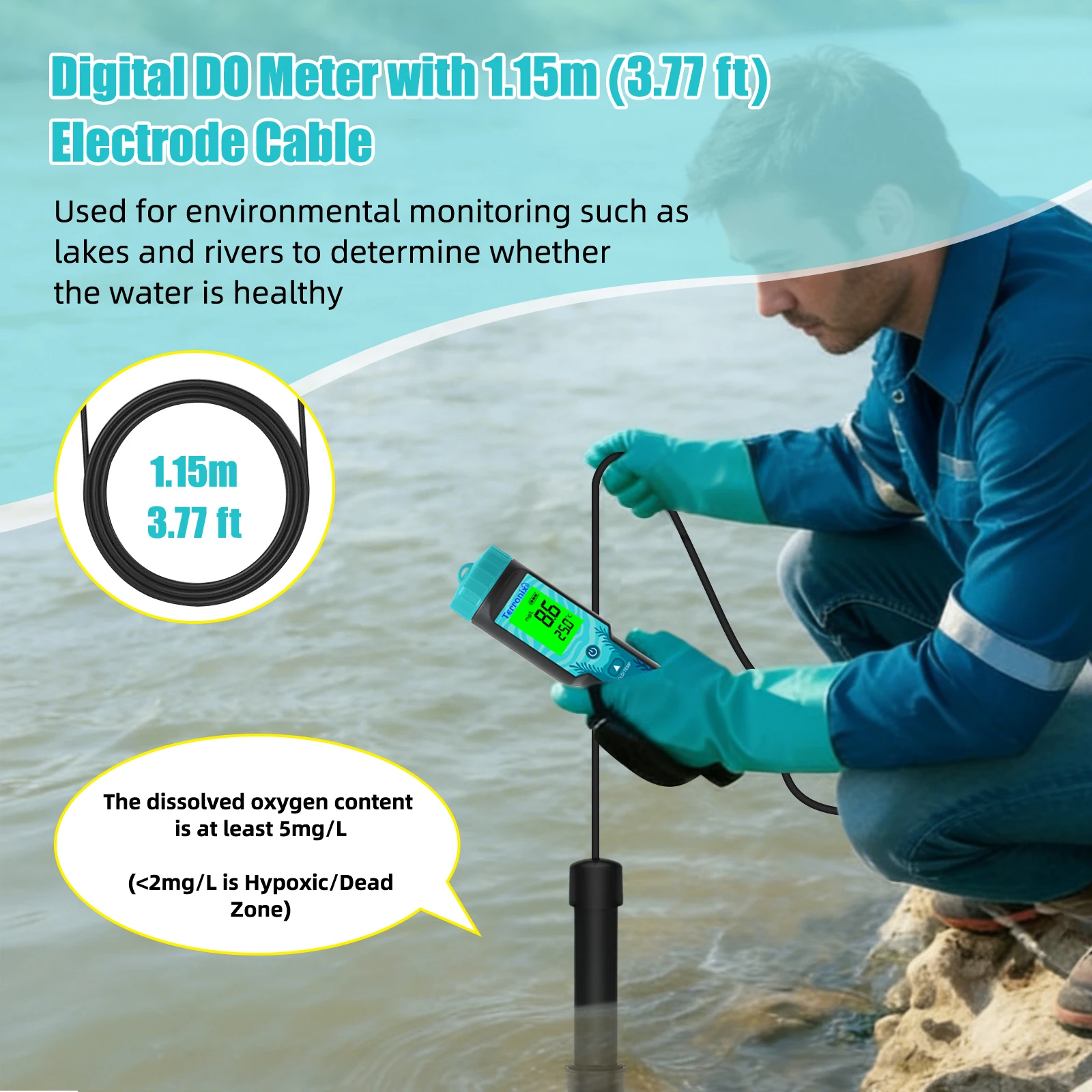 Portable Dissolved Oxygen Tester ATC 0.0-40.0 Mg/L DO Analyzer Meter For Aquaculture Fish Pond Pool Farming Test Detector