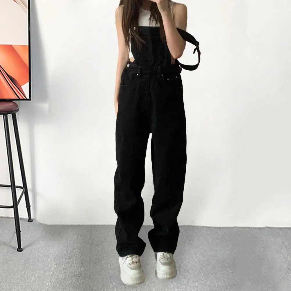 Women Overalls Vintage Sleeveless Wide Leg Jumpsuit with Pockets Women's High Waist Preppy Style Overalls Loose Fit Streetwear