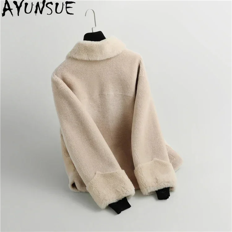 Short AYUNSUE Sheep Shearing Jacket 2024 Autumn Winter 100% Wool Coats for Women 2024 Single-breasted Jackets Chaquetas