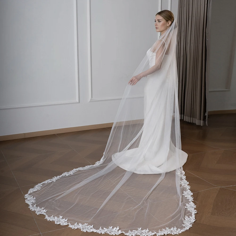 

1 Layer Bridal Long Cathedral Veil, Romantic & Elegant, Lace Floral Print, Women's Wedding Veil With Comb VP23