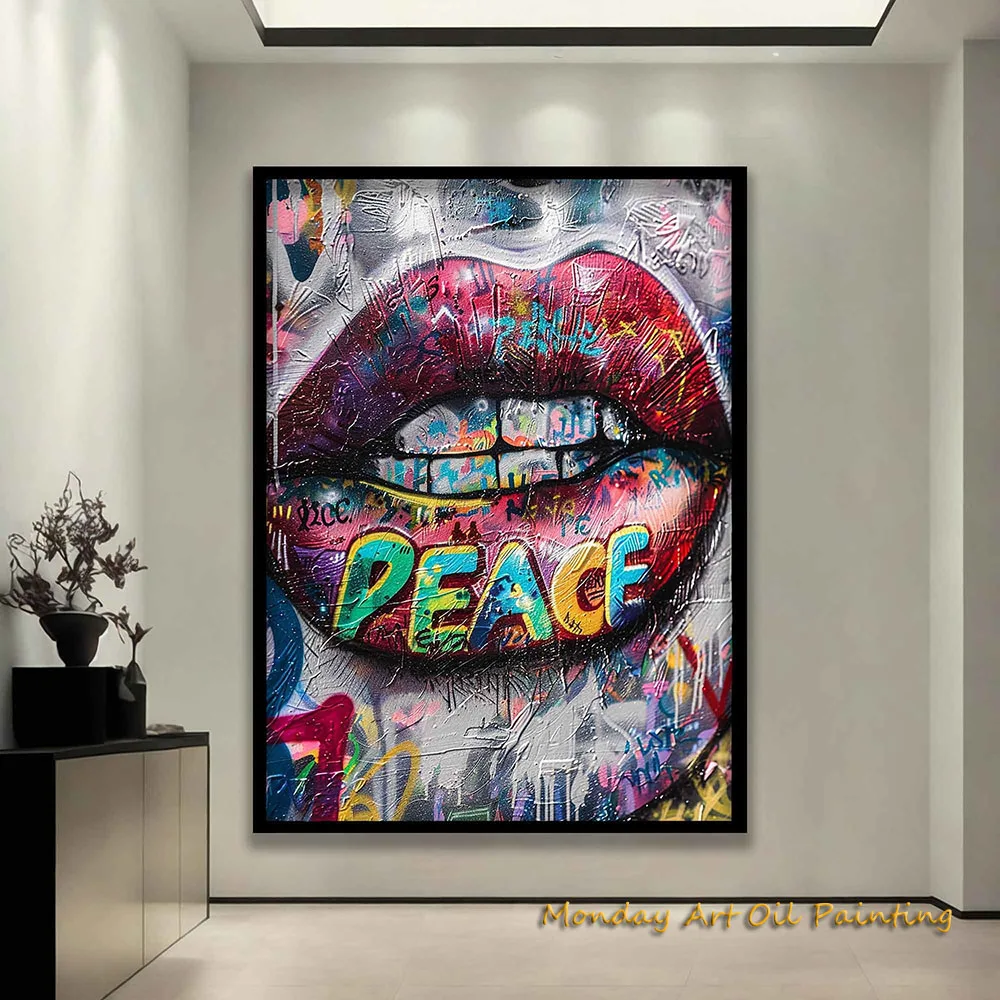 Hand Painted Oil Painting Mondern Style Pop Art Graffiti Lip Canvas With Peace Writing Street Wall Art Fedex Shipping Cost