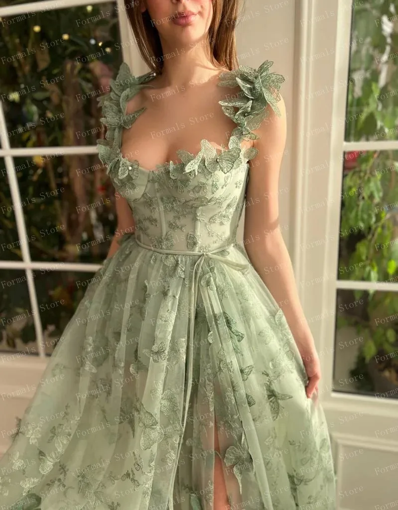 Straps Light Green A-line Applique Butterfly Evening Dresses See Through Woman Clothes With Slit Open Back Prom Dress Pretty