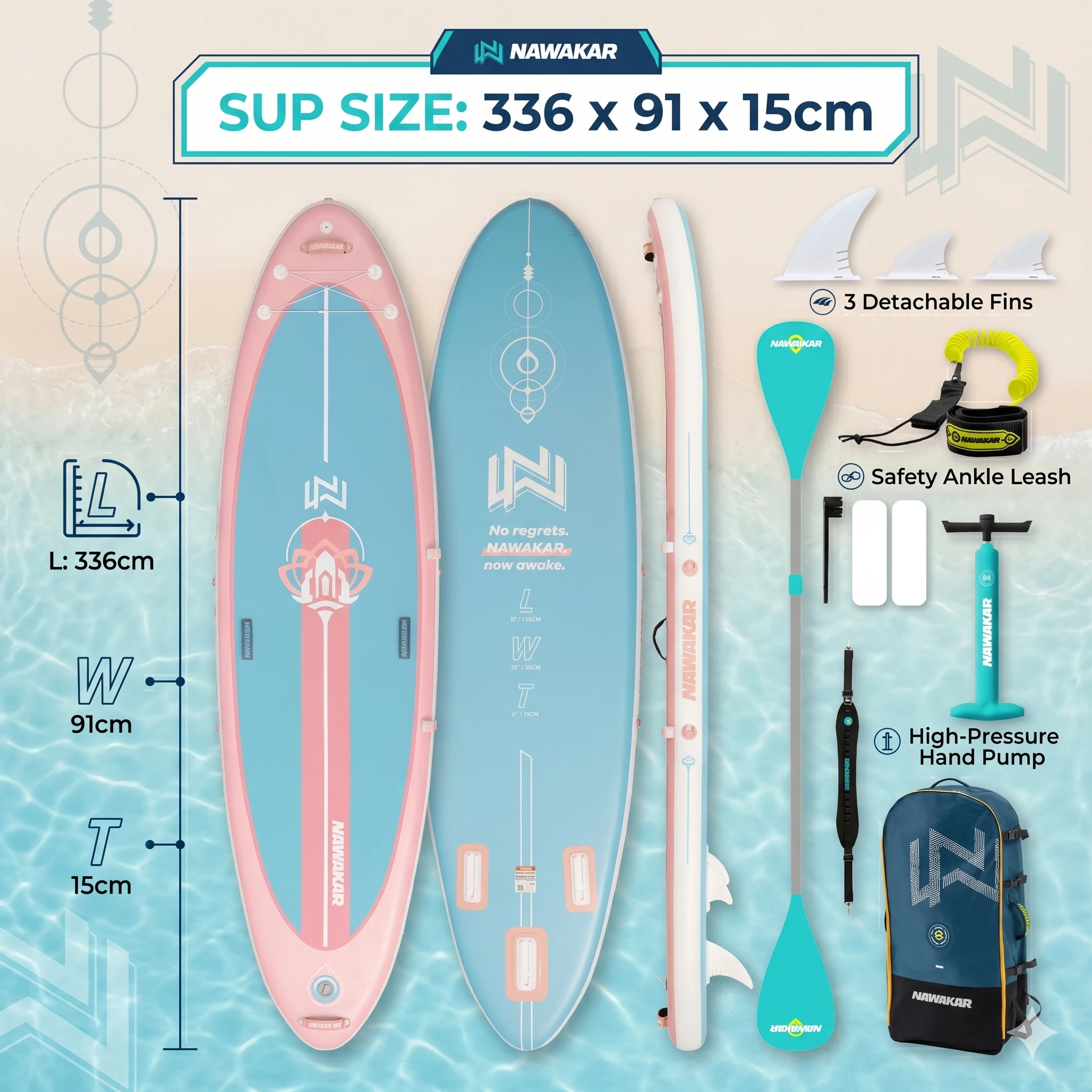 

Надувная доска для сап-серфинга NAWAKAR 336x91x15см, ультраширокая, для йоги, премиум-комплект, розово-голубая, для женщин и взрослых