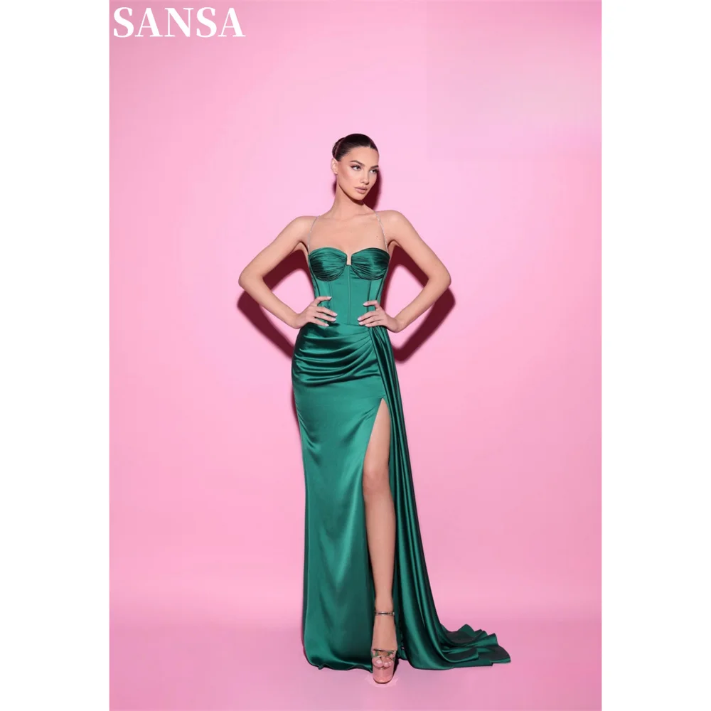 Sansa Sexy A-line Satin Evening Dress Strapless Floor-Length Sleeveless Wedding Dresses Backless Side Splite vestidos de fiesta