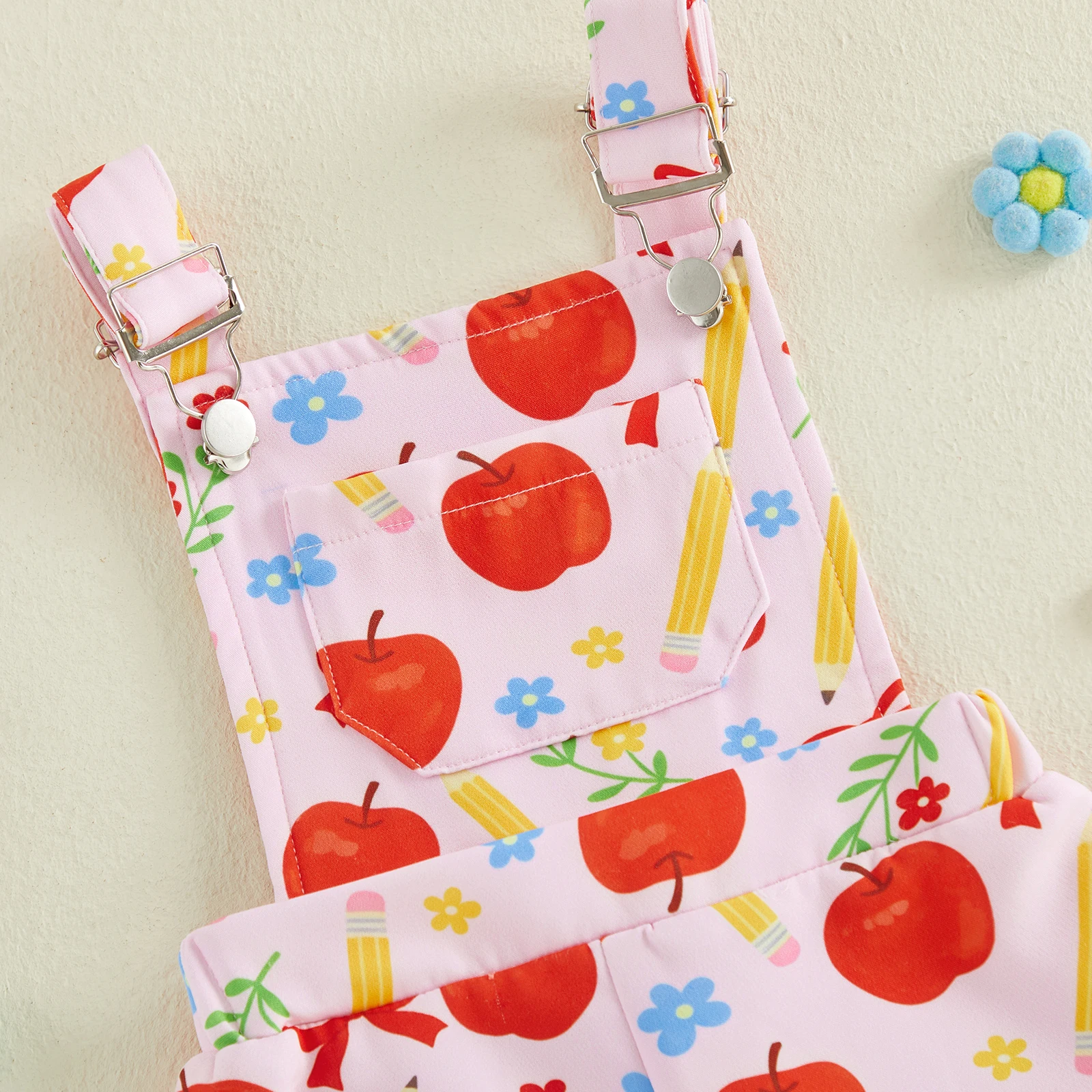 Baby Girl Back-to-School Outfit Summer Apple Pencil Print Sleeveless Overalls Shorts Jumpsuit for Toddler