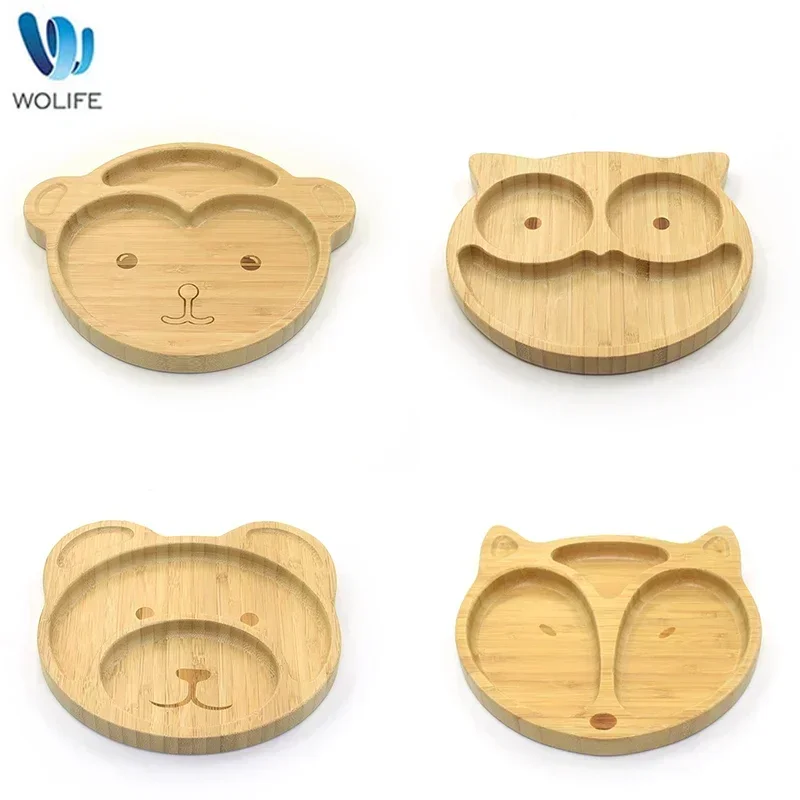 WOLIFE Baby Cartoon Animal Pattern Bamboo Tableware with Silicone Base Suction Cup Kids Feeding Tableware Bamboo Plate Non-slip