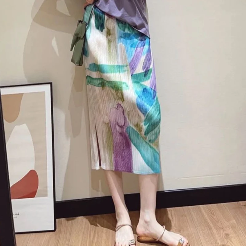 Women's Miyake Pleated Colorful Skirt Spliced Pockets Medium Long Elegant Spring New Fashion Lady Clothing Elastic Waist Skirt