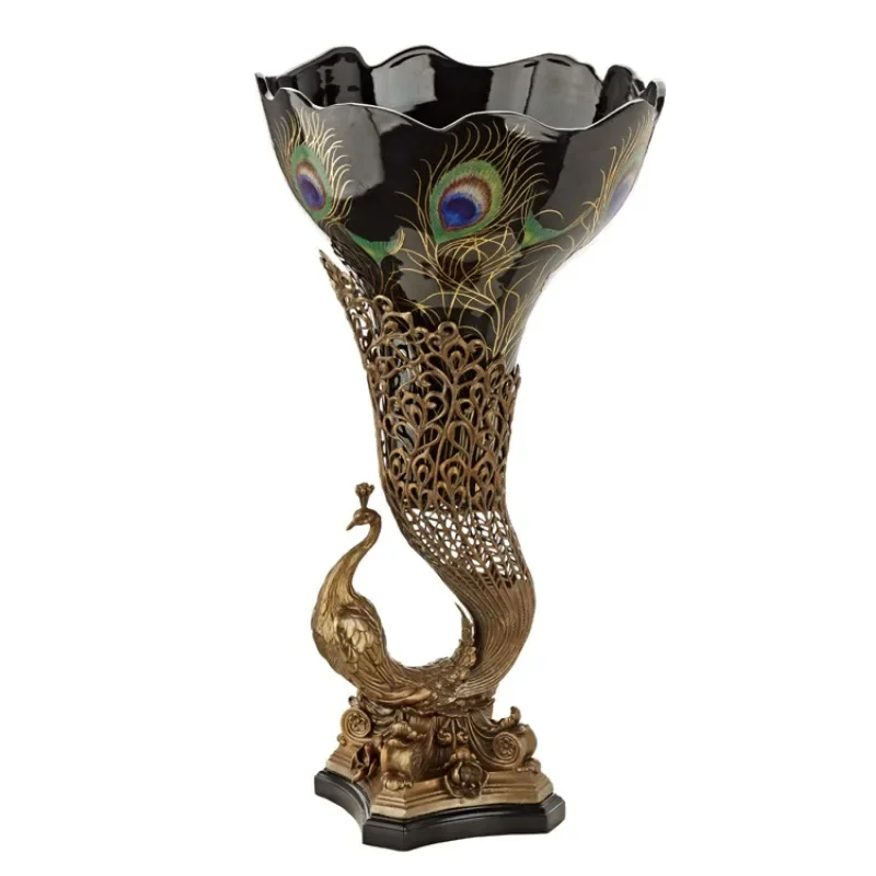 home furnishings, living room flower ware ceramics, inlaid copper peacock, wavy mouth flower insert countertop large vase