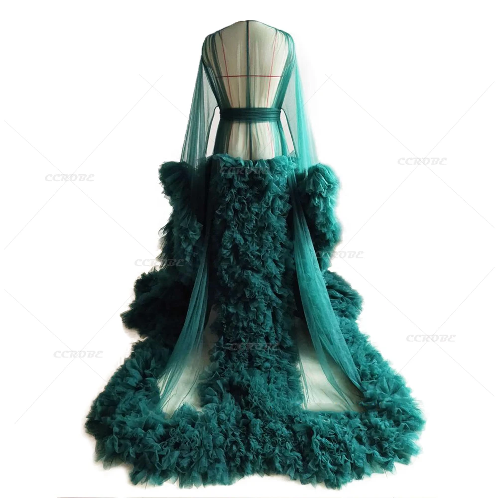 Ruffle Tulle Maternity Dress Perspective Sheer Nightgown Green Sleepwear Bridal Robe Wedding Photoshoot Pregnant Dressing Gown