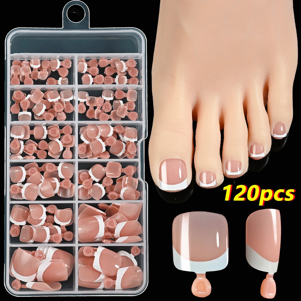 120pcs Natural Brown Short Square Press On Toenails White French Soft Gel Fake Toenails Soak Off Acrylic Fake Toe Nail Extension