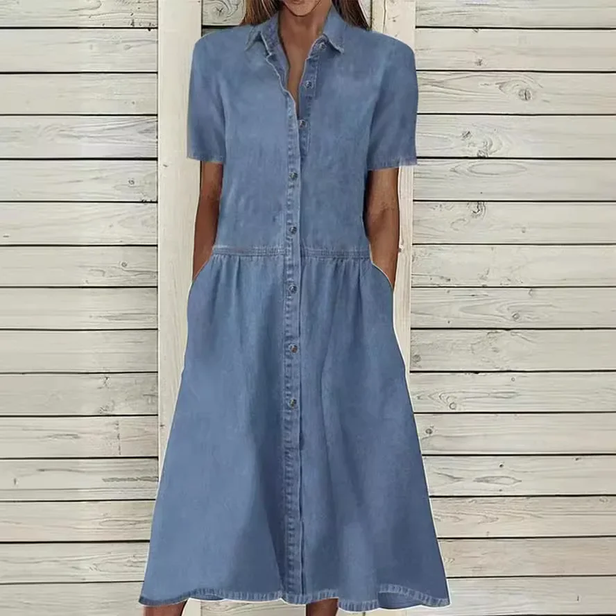 Casual Jeans Shirt Dress Spring Summer Denim Dress for Women Loose Short Sleeve Cardigan Ladies Womens Denim Shirt Long Dresses