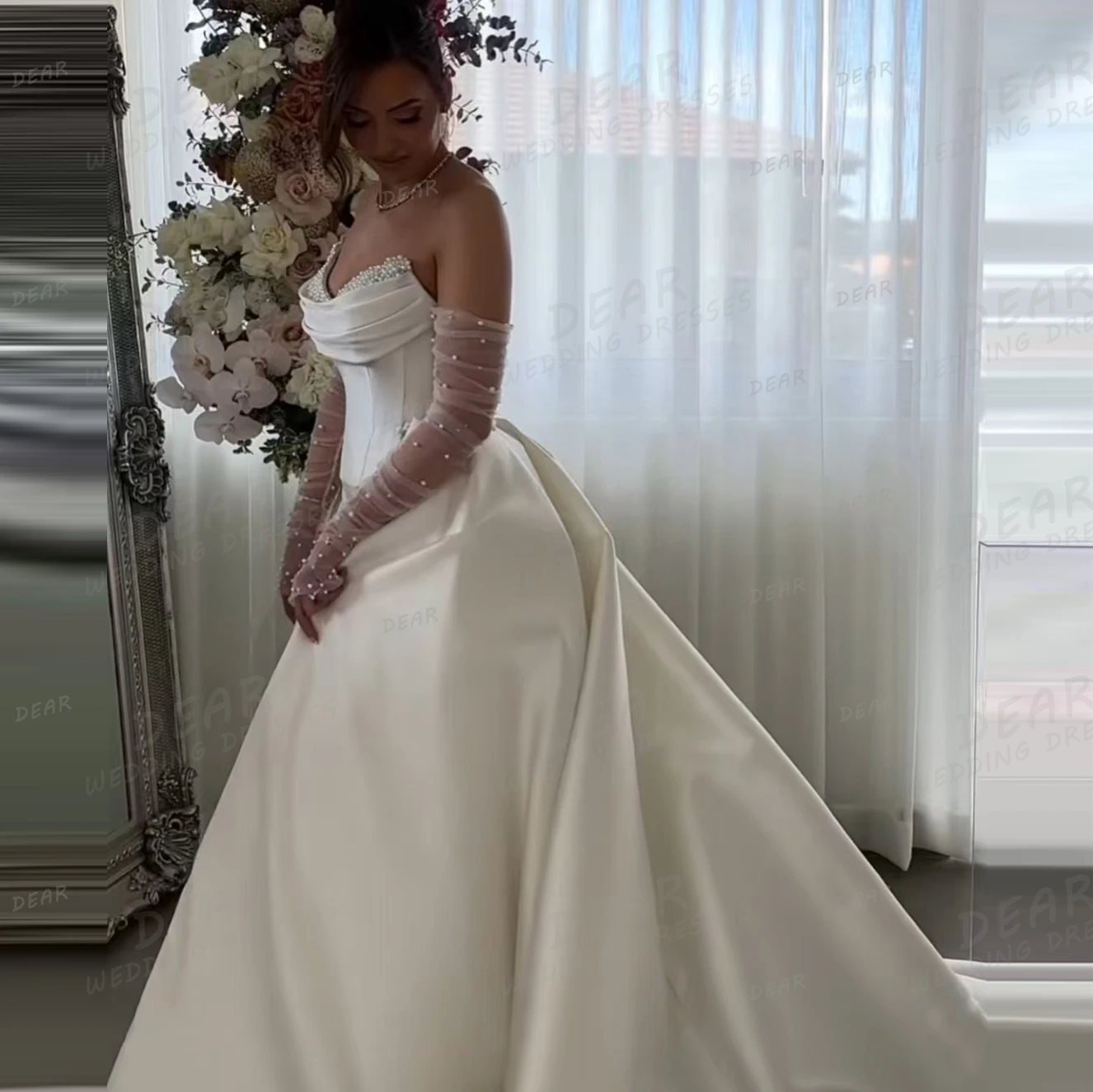 Abiti da sposa eleganti da donna con perline scollo a barca sirena 2 in 1 abiti da sposa senza maniche senza schienale abiti da sposa personalizzati