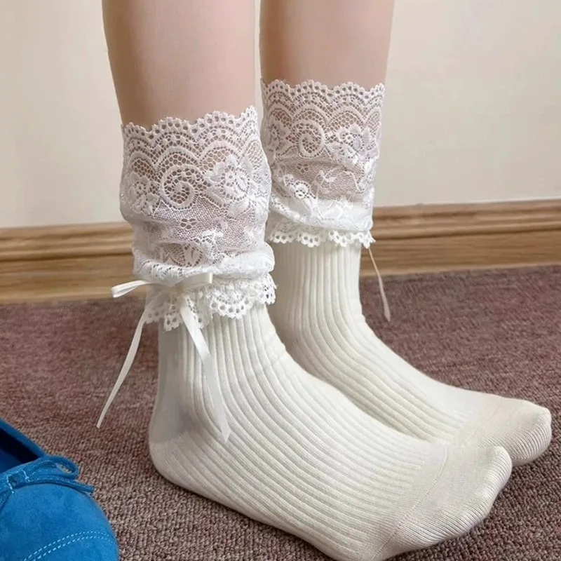 한국 화이트 레이스 트림 양말 달콤한 소녀 패션 귀여운 로리타 Y2K 일본식 양말 단색 중간 길이 리본 보우 여성 양말
