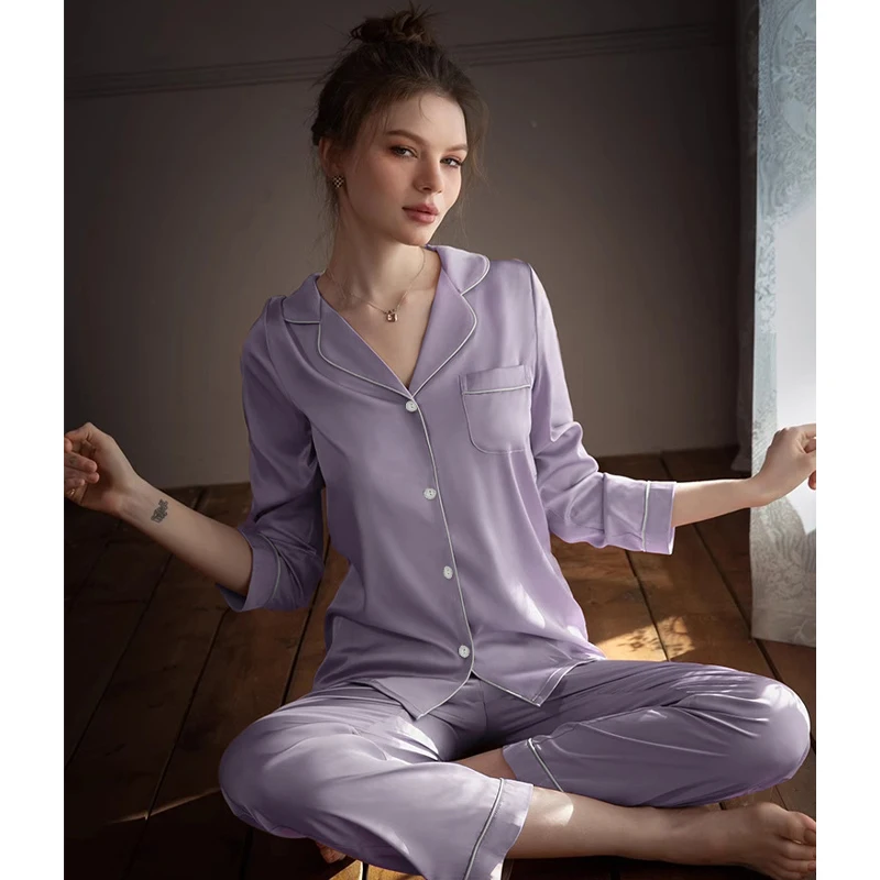 2024 Autumn Spring New Ice Silk Soft Pajamas for Women Cute Cow Stripe Pajamas for Women Lapel Cardigan 2 Piece Outfit Set Women