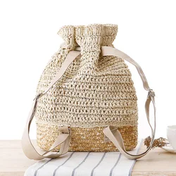 Women's Shoulder Backpack Straw Woven Bag Beach Bags Retro Female Backpack Handmade Vacation Street Fashion Draw String Bag