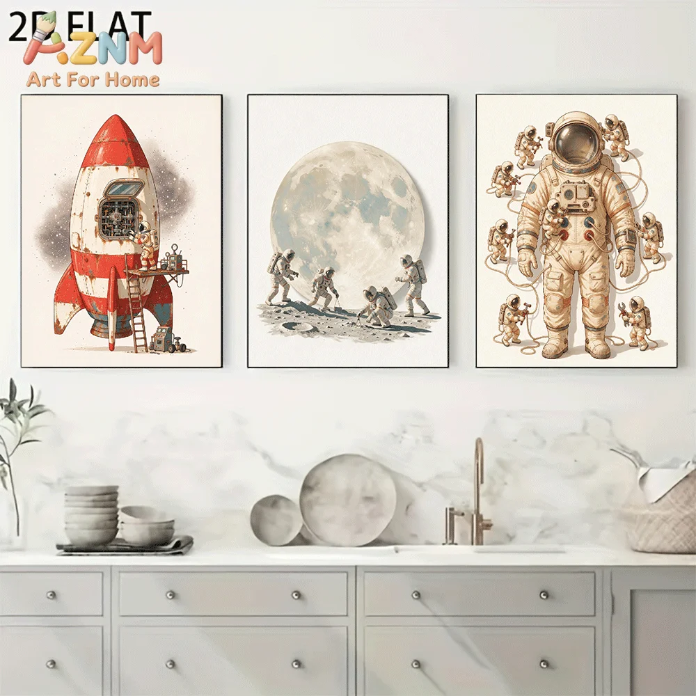 AZNM Frameless Canvas Wall Art, Vintage Astronaut Rocket Moon Space Print, Retro Universe Exploration Wall Decor for Living Room