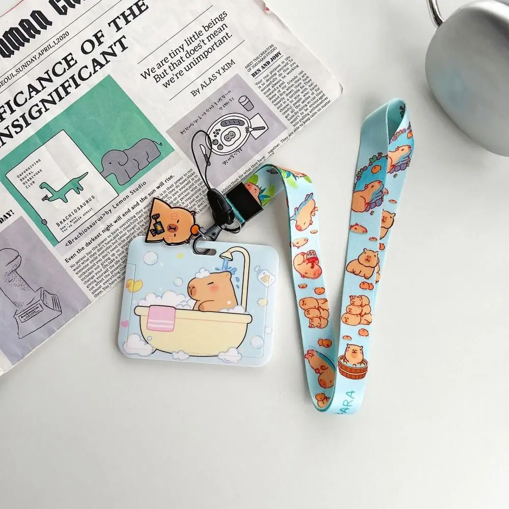 

Держатель для карт с мультяшной капибарой в корейском стиле, с ремешком, защитный чехол для фотокарточек, обложка для студенческих и проездных билетов