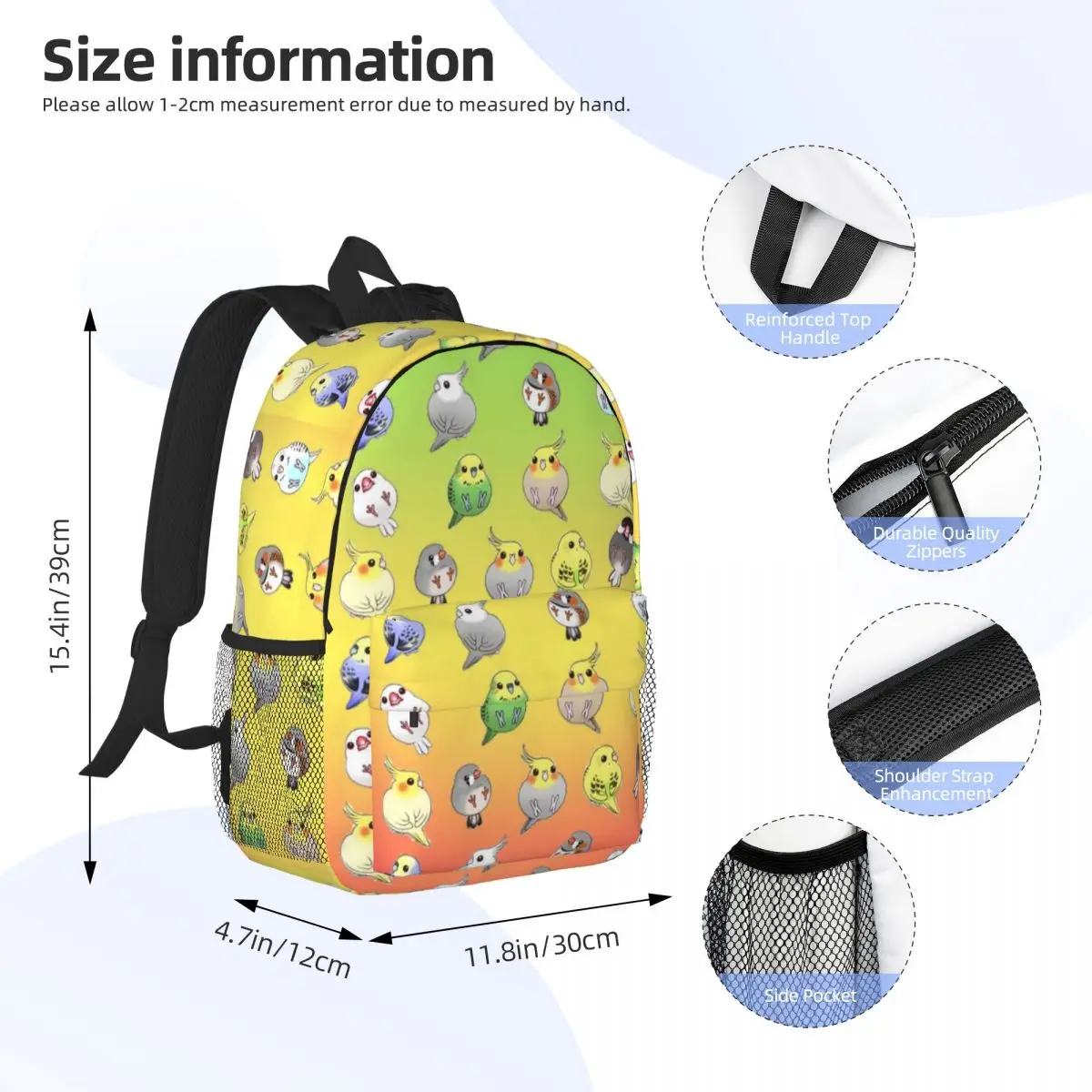 Birds Cockatiel Budgie Parrot Backpack Daypack Large Capacity Boys Girls BookBag Shoulder Bags for Men Women Children School Bag