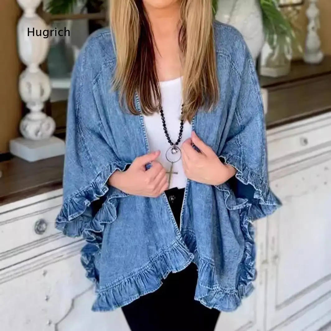 Women's Ruffled Fringe Denim Kimono Cardigan Open Front Loose Batwing Sleeve Casual Outerwear For Daily Vacation