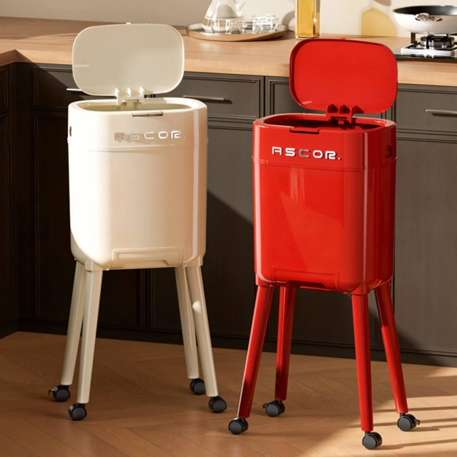 Rolling Waste Bin with Lid Large Capacity Elevated Garbage Can on Wheels Press-Top Kitchen Bin Twin-Chamber Design for Bathroom