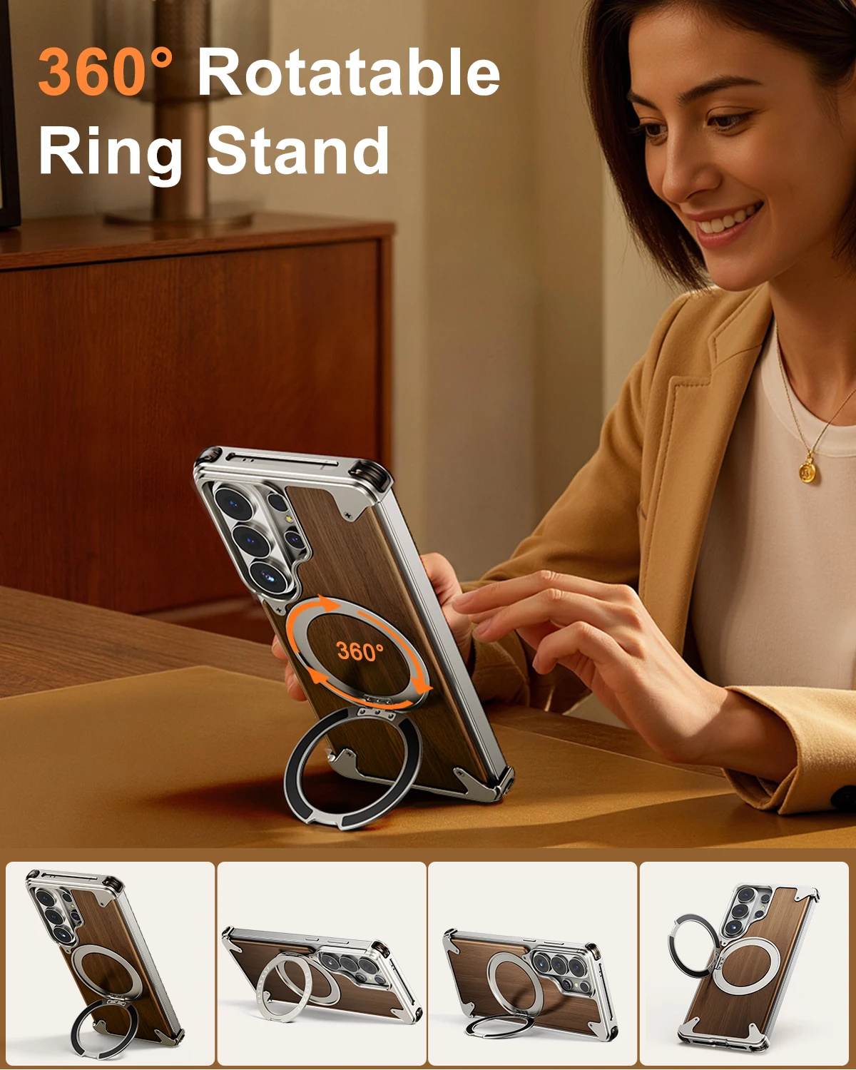 Eary for Samsung Galaxy S26Ultra Wood Case With 360°Rotation Magnetic Ring Kickstand Frameless Phone Cover Shockproof Protection