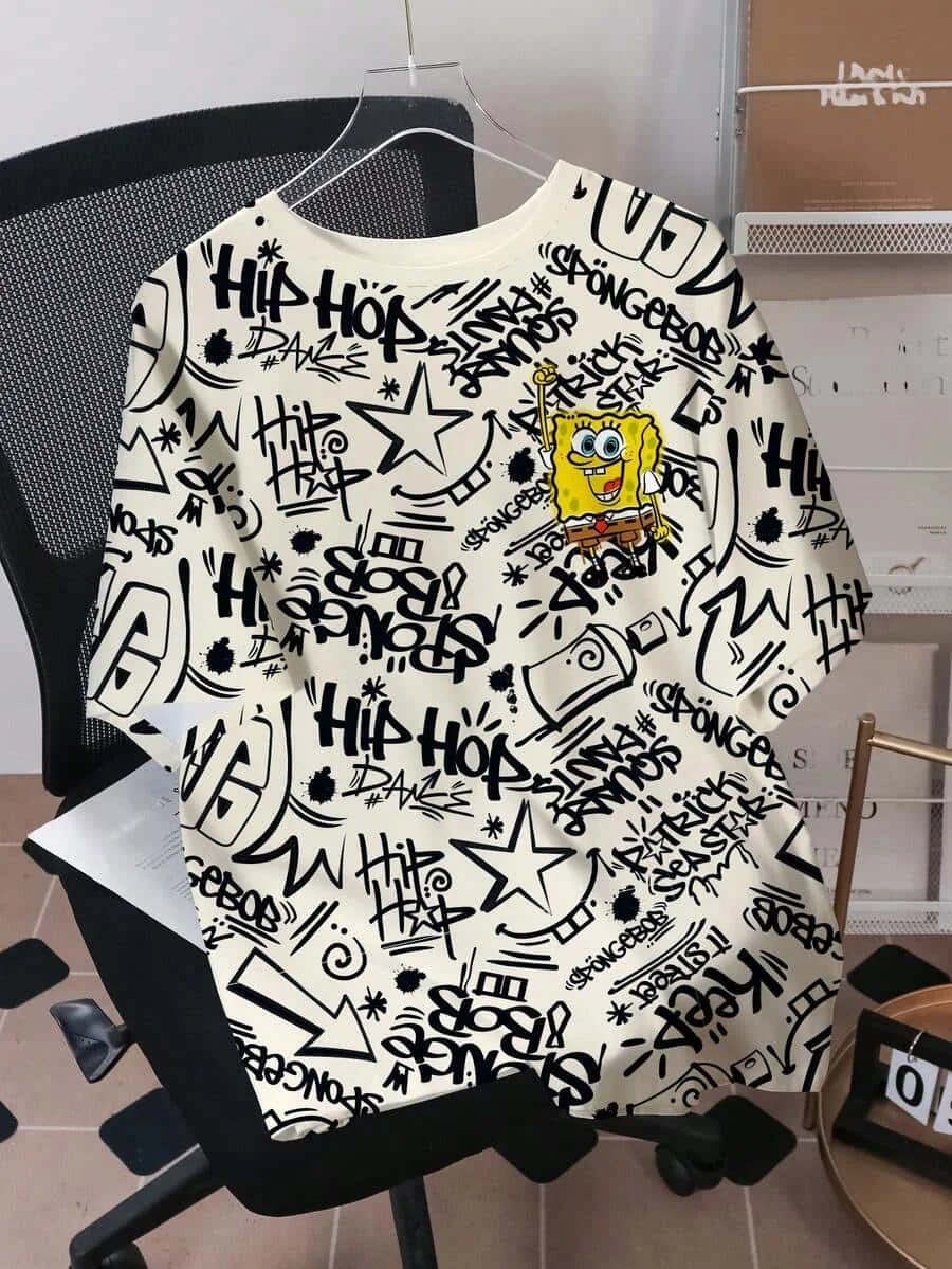 2026 New Hot Selling SpongeBob SquarePants Graffiti T-shirt Children's Fun Breathable Adult Men and Women Parent Child Wear