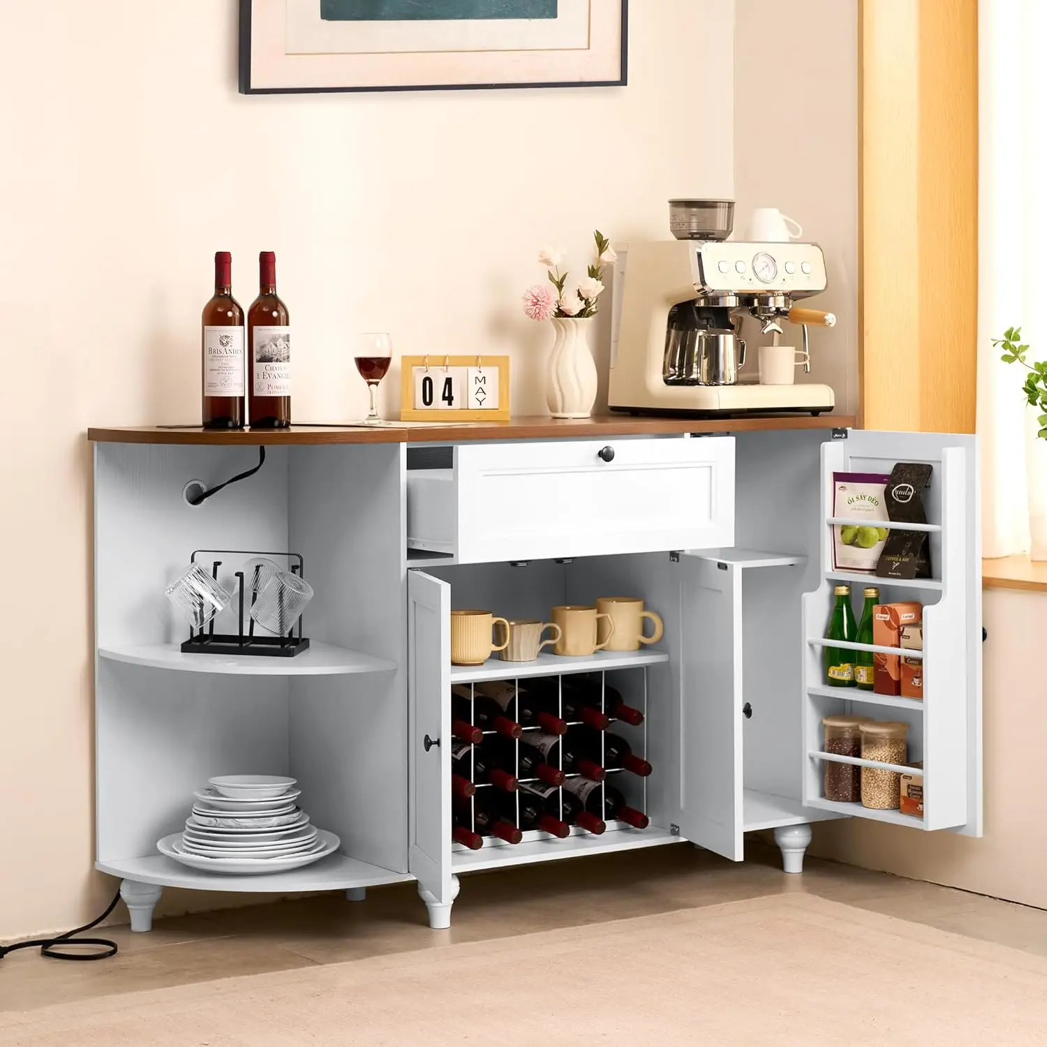 

55" Coffee Bar with Power Outlet, Wine Rack & Storage Shelf, Buffet Sideboard for Kitchen,Dining/Living Room White&Rustic Brown