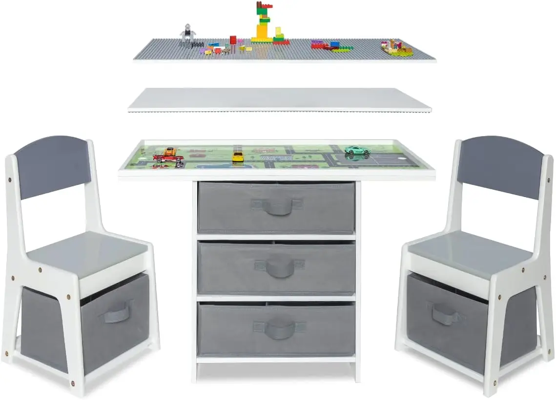 3-in-1 speeltafel en stoelenset voor kinderen, hout met opbergmanden, compatibel met Lego en Duplo Bricks, activiteitentafel P