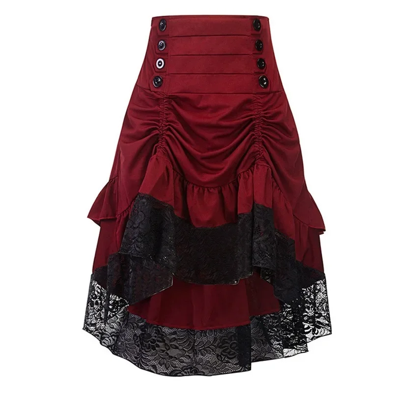 High Low Lace Hem Skirt Ruffle Shirred Burlesque Bustle Skirt Women Gypsy Gothic Punk Outfit Halloween Pirate Victorian Costume