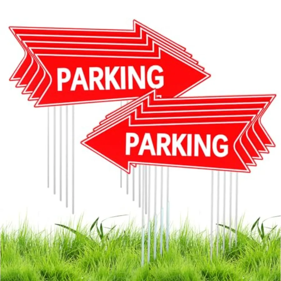 10 Señales de Estacionamiento Direccional con Estacas, 17 x 6 Pulgadas, de Plástico Corrugado de Doble Cara, Señales para Eventos, Señal de Flecha Roja para Jardín