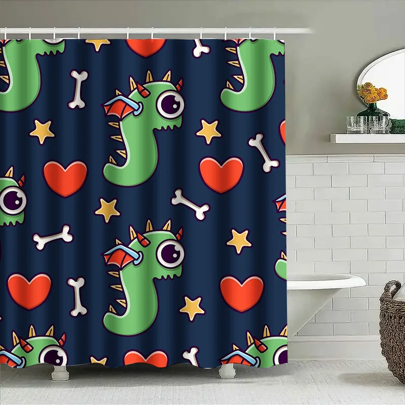

Blue Shower Curtain Kids Cartoon Print Pattern Seahorse Dragon Design Waterproof Fabric for Bathroom Decoration Supplies Accesso