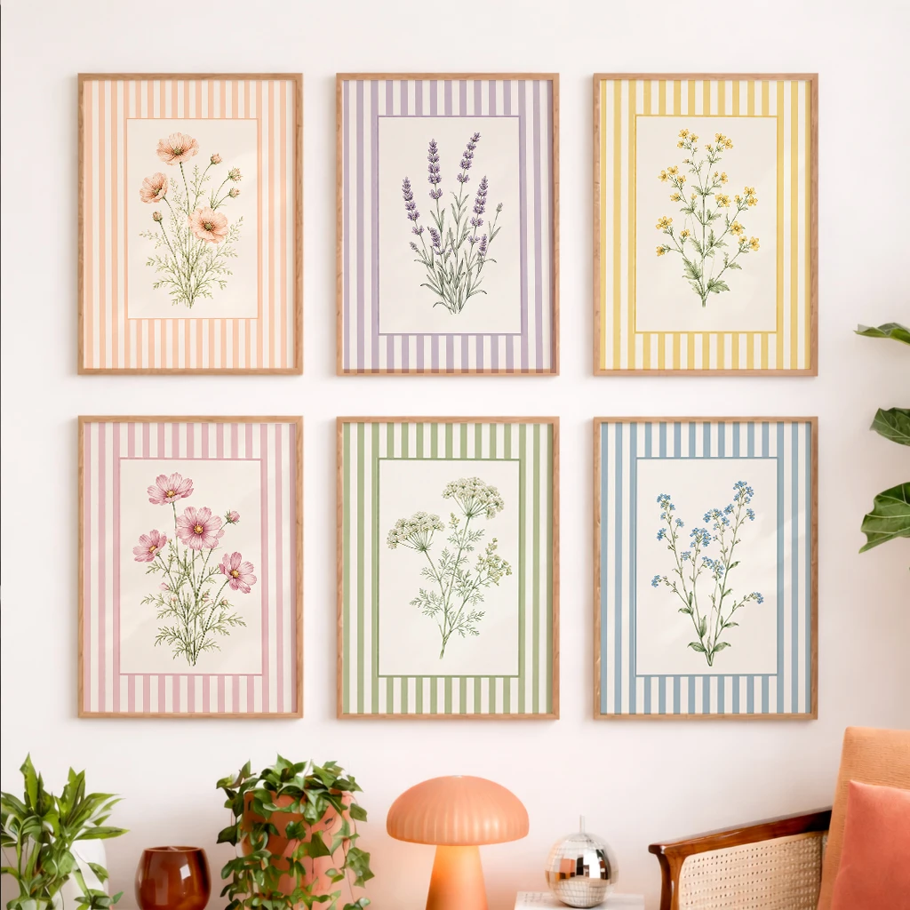 Set of 6 Pastel Floral Canvas Poster Poppy Lavender Wildflower Cosmos Botanical Stripe Wall Decor Home Bedroom Living Room