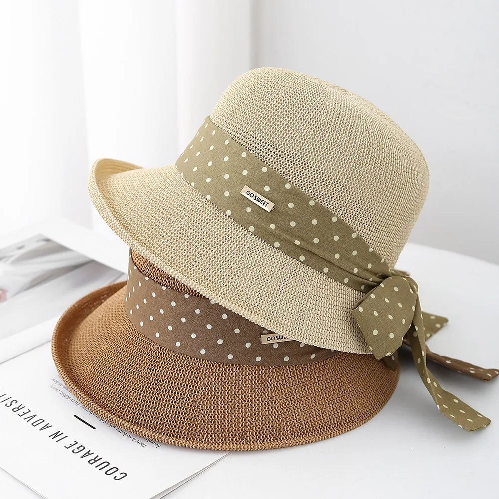 Women's Fashion Curled Sun Hat Sweet Dot Bow Seaside Outdoor Hat Breathable Design For Summer Beach Travel Sunshade 2025 New