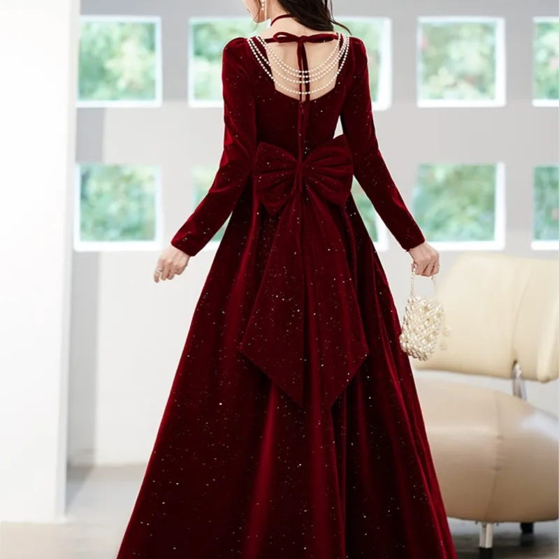 Toasting wine red long sleeve velvet back atmospheric dress