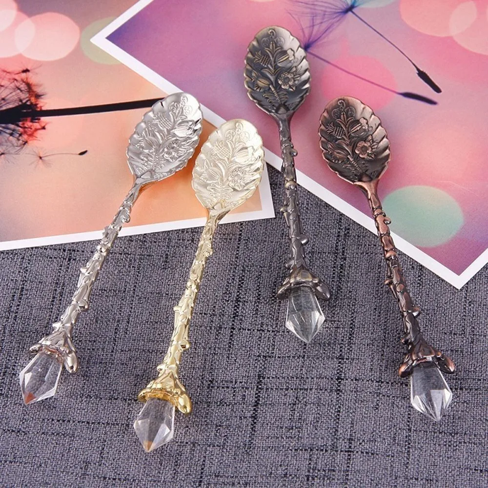 Portable Retro Style Leaf Spoon Nordic Europe Style Crystal Head Coffee Spoon Flatware Kitchen Accessories Ice Cream Spoon