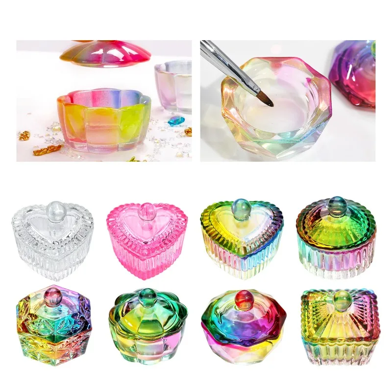 Glass Acrylic Powder Liquid Nail Crystal Aurora Dazzle Cup with Lid Colorful Bowl Cup Holder Container Equipment Nail Art Tools