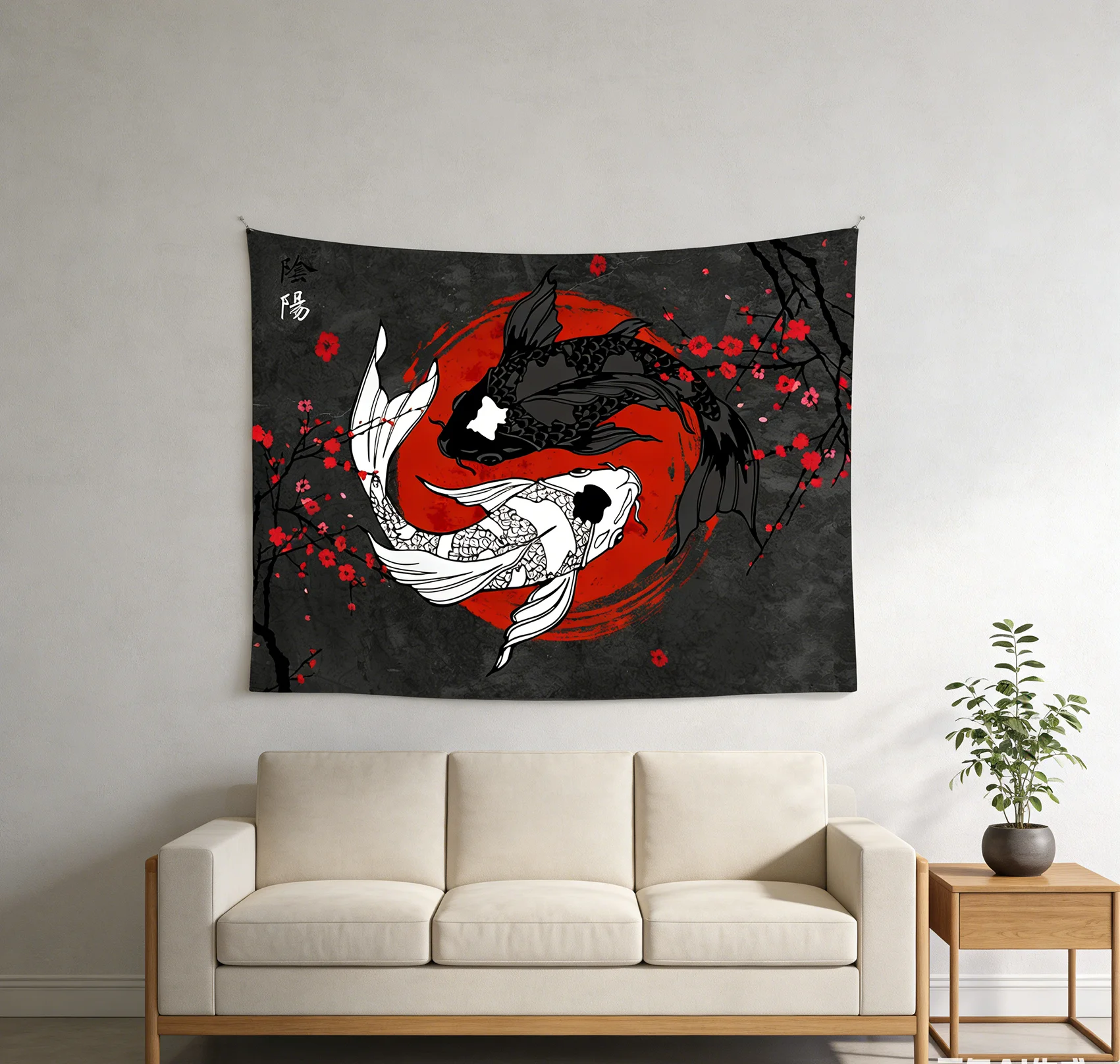 Japanischer Koi-Fisch Sakura Wandteppich Yin Yang Wandbehang für Schlafzimmer Wohnzimmer Dekor