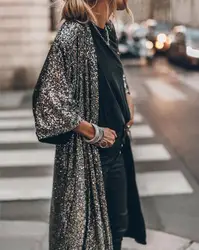 Korean Streetwear Spring 2023 Kimono Women 3/4 Sleeve Sequined Cloak Black Silve/Blue/Green Loose X-Long Cape