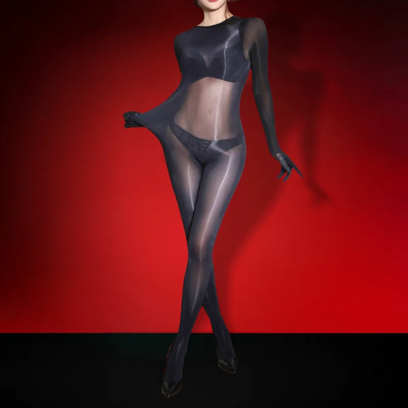المرأة كامل الجسم جوارب طويلة مرونة جدا النفط لامعة لامعة الحرير بذلة مع خمسة أصابع شفافة الملابس الداخلية الملابس الداخلية الغريبة #5