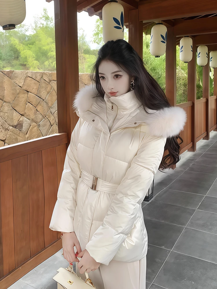

Зимняя теплая пуховая куртка с воротником из натурального меха с капюшоном, женская с поясом, повседневная тонкая куртка-паркер, женская куртка на молнии с хлопковой подкладкой