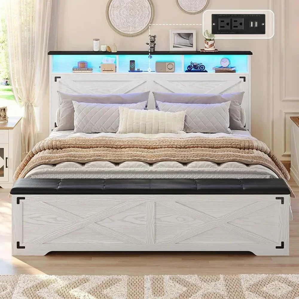 

Queen Bed Frame with Storage Ottoman，Charging Station and Led Light, Headboard with Storage Rack，No Box Spring Needed，Bed Frame