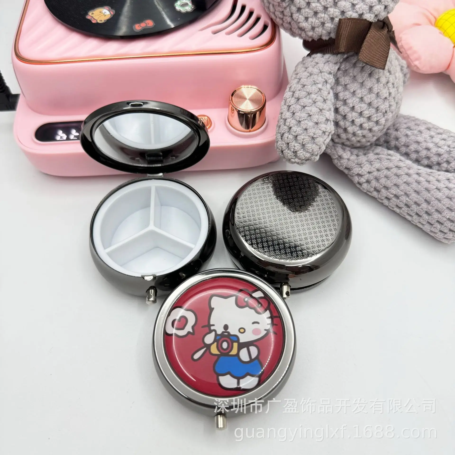 New Miniso Hello Kitty Storage Box Travel Portability Food Grade Material Pill Box Cartoon Desktop Jewelry Box Cosmetic Mirror