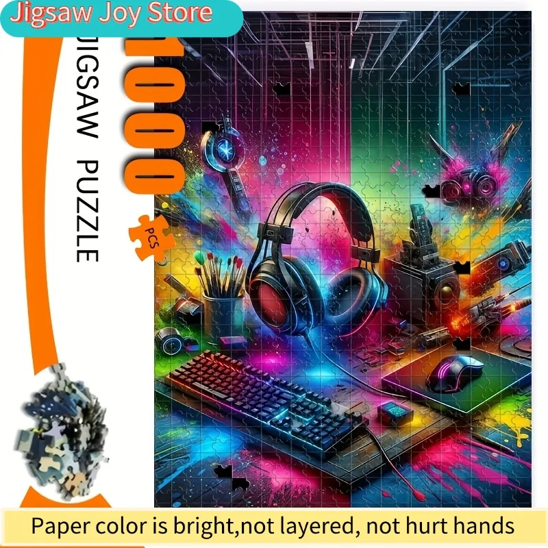 

Игровой пазл на 1000 элементов - Атмосфера аркадной игры с неоновыми цветами, клавиатурой Challenger и наушниками - для подростков - на день рождения, Рождество