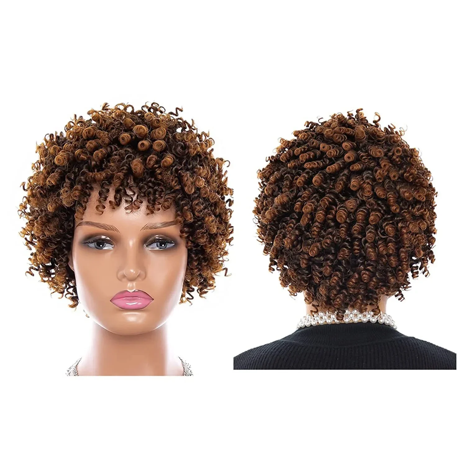 Peruki afro syntetyczne peruki z krótkimi kręconymi włosami dla kobiet, 8/6 cali krótkie peruki z kręconymi włosami z grzywką naturalny Cosplay