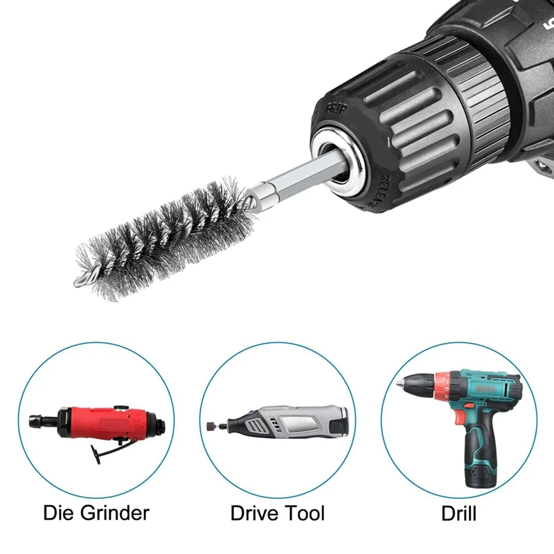 24 PCS Wire Bore Brushes Set For Power Drill, Silver With 1/4 Inch Hex Shank For Tubes Pipe Cleaning(8/10/12/15/17/19MM)