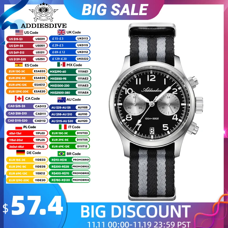 

ADDIESDIVE 39mm Chronograph Watch New Luxury Sapphire Luminous 100m Waterproof Dive Japan VK64 Movement Quartz Men Wristwatch