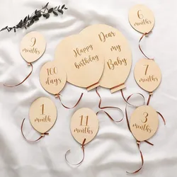 9PCS Baby Wooden Balloon Milestone 1-12Month Card Wooden Milestone Newborn Children Photography Props Birthday Party Decoration