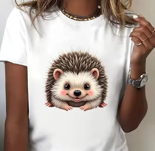 Camiseta con estampado de erizo bonito para mujer, Top informal negro de manga corta con cuello redondo, ropa suave y cómoda para primavera y verano