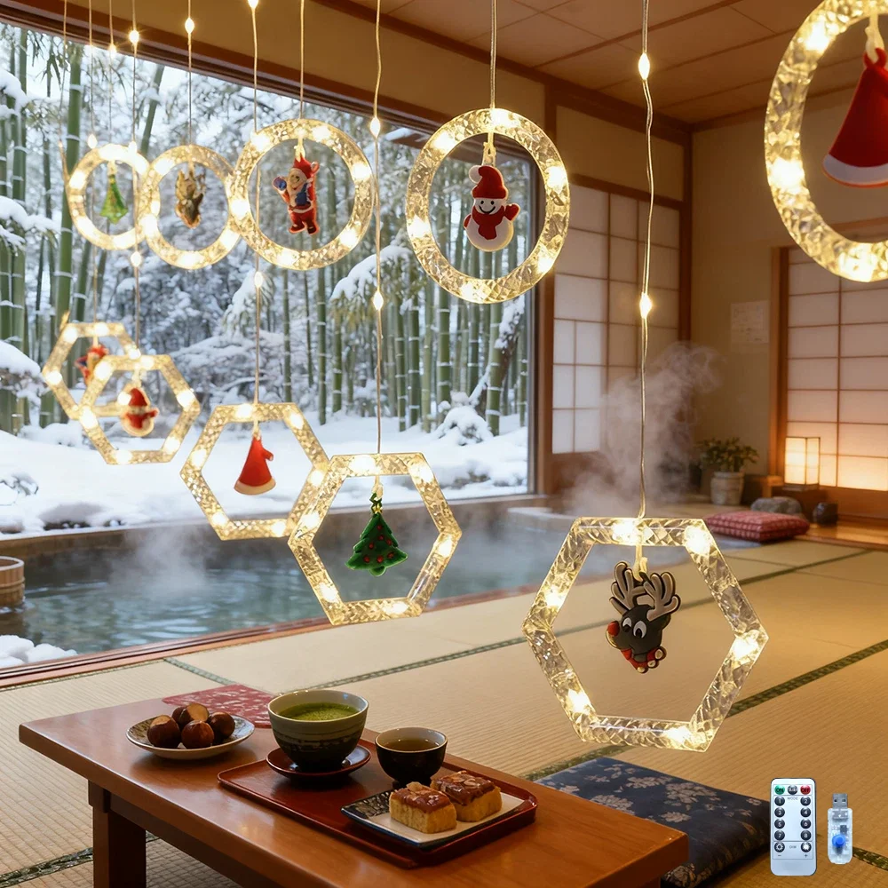 

Рождественские фонари для окон, светодиодные рождественские оконные занавески с подсветкой, рождественские гирлянды для штор с 8 режимами и дистанционным управлением